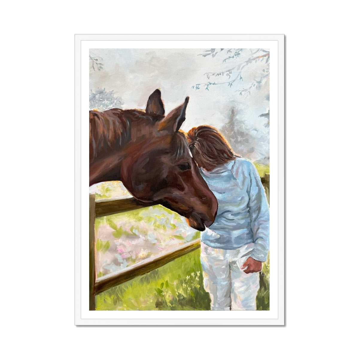 Framed horse art print in white frame with horse and person standing together with a scenic background