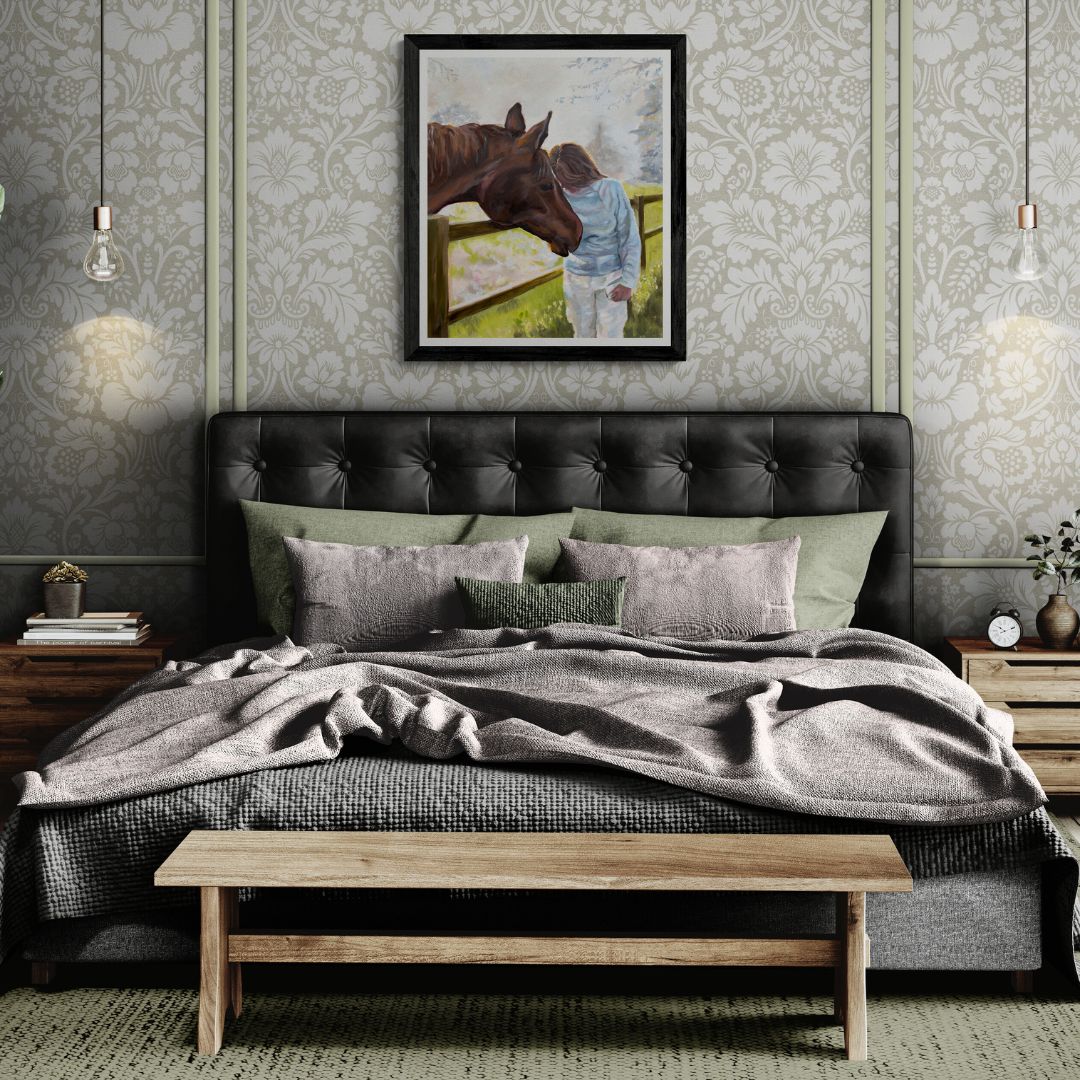 Horse in field painting in black frame option