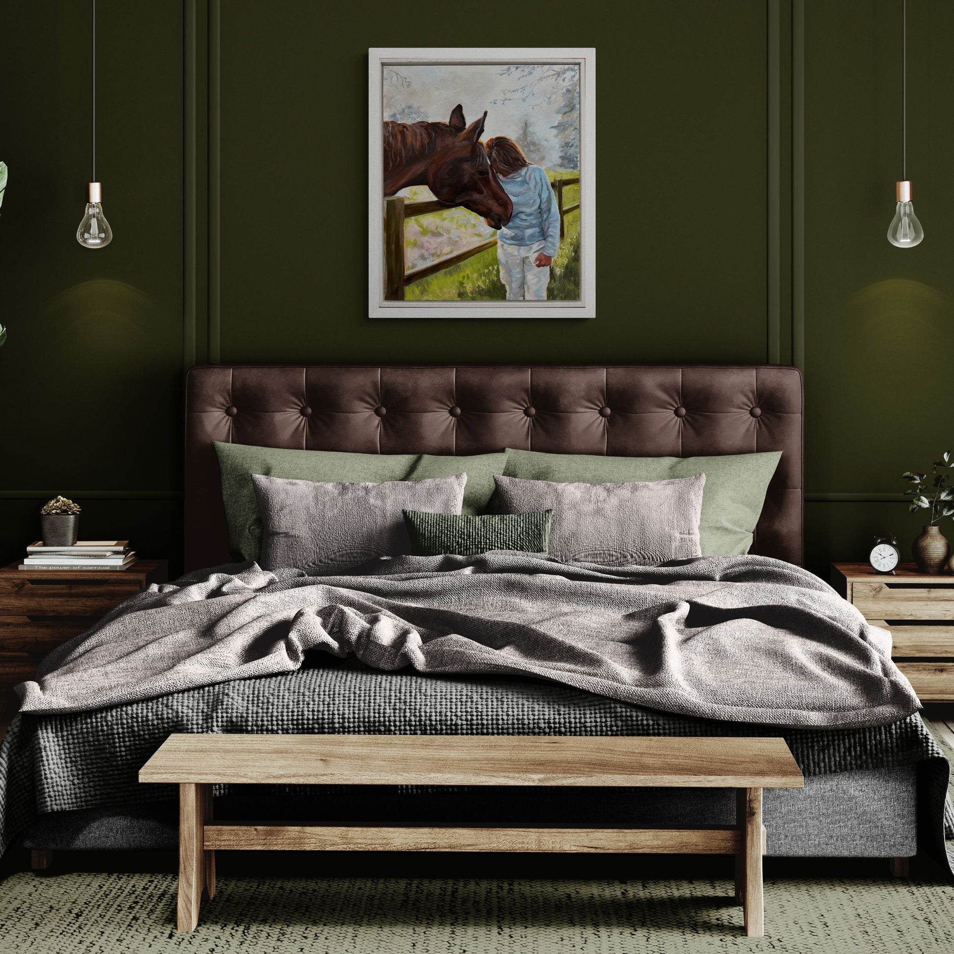 Original oil painting of horses head and lady standing beside on dark green bedroom wall.
