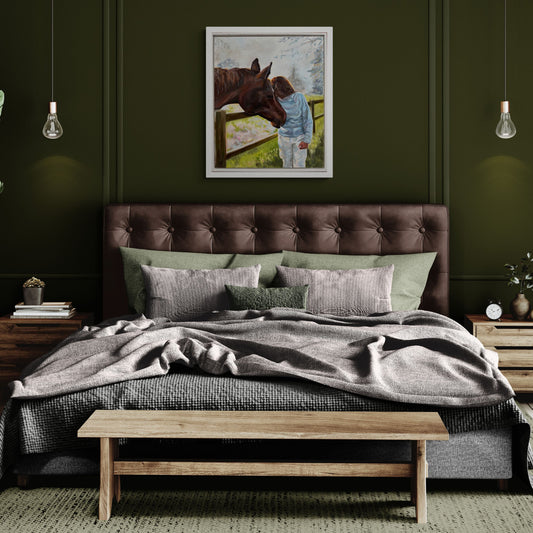 Original oil painting of horses head and lady standing beside on dark green bedroom wall.