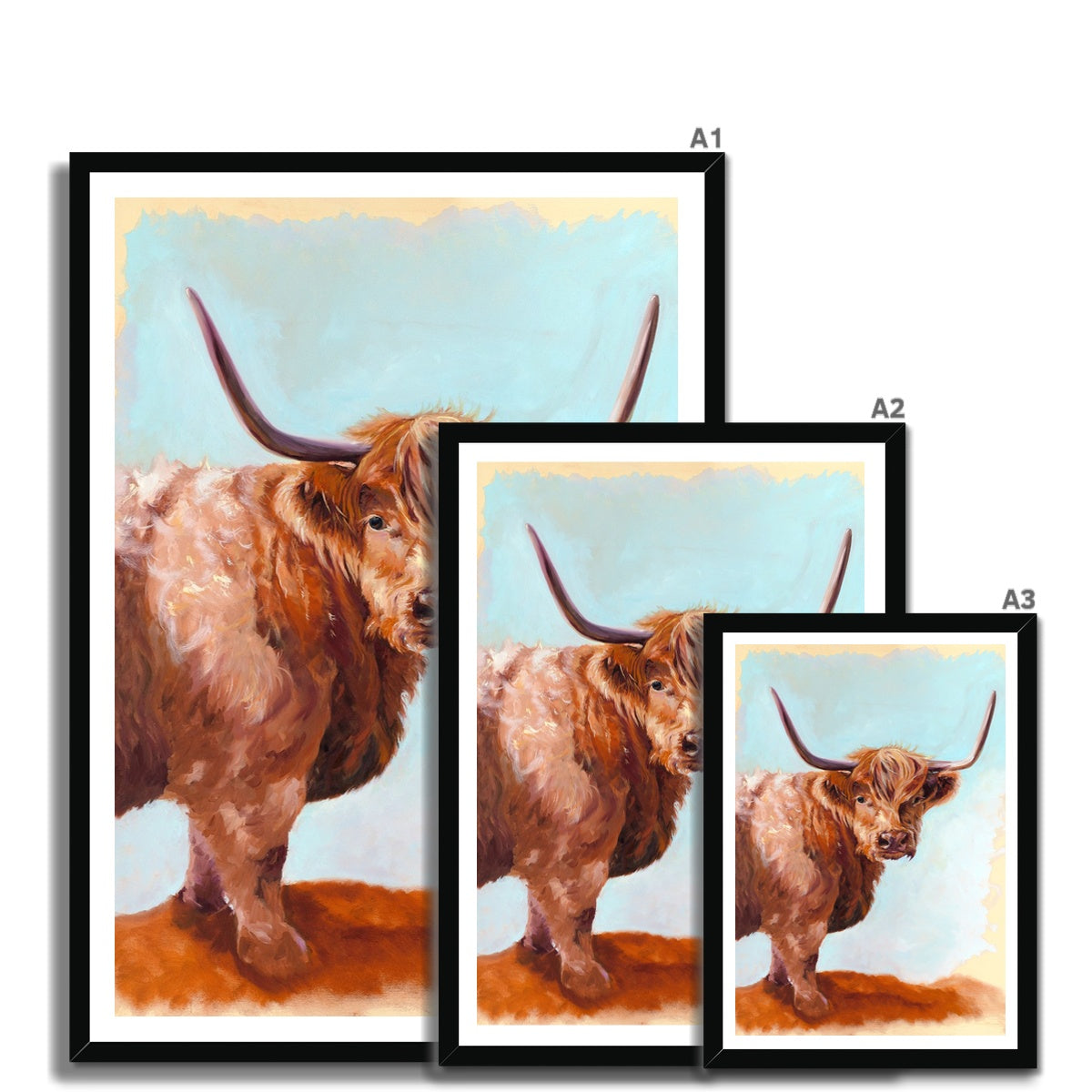 Framed prints in several size options featuring a highland cow on a pale background