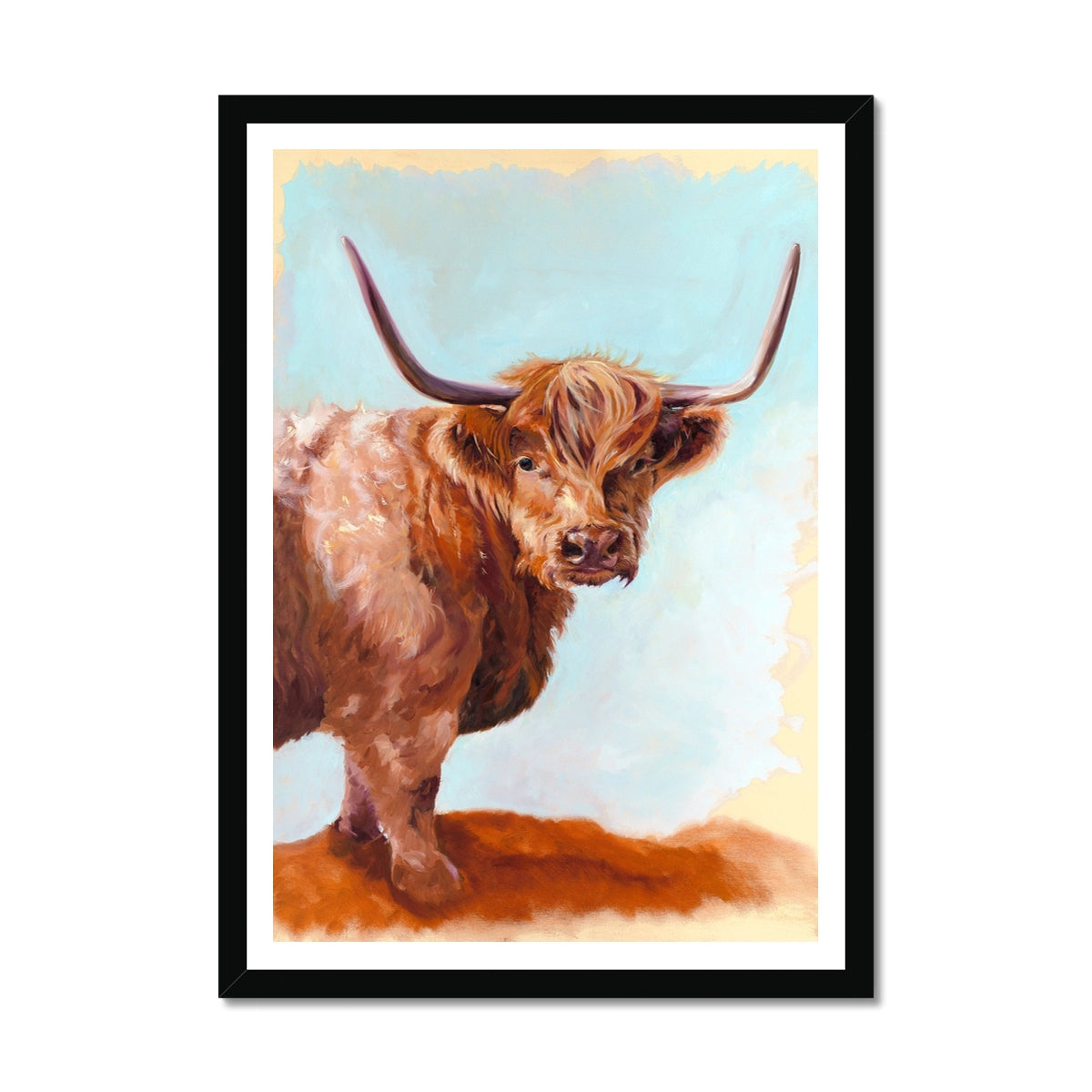 Framed highland cow artwork with a pale background