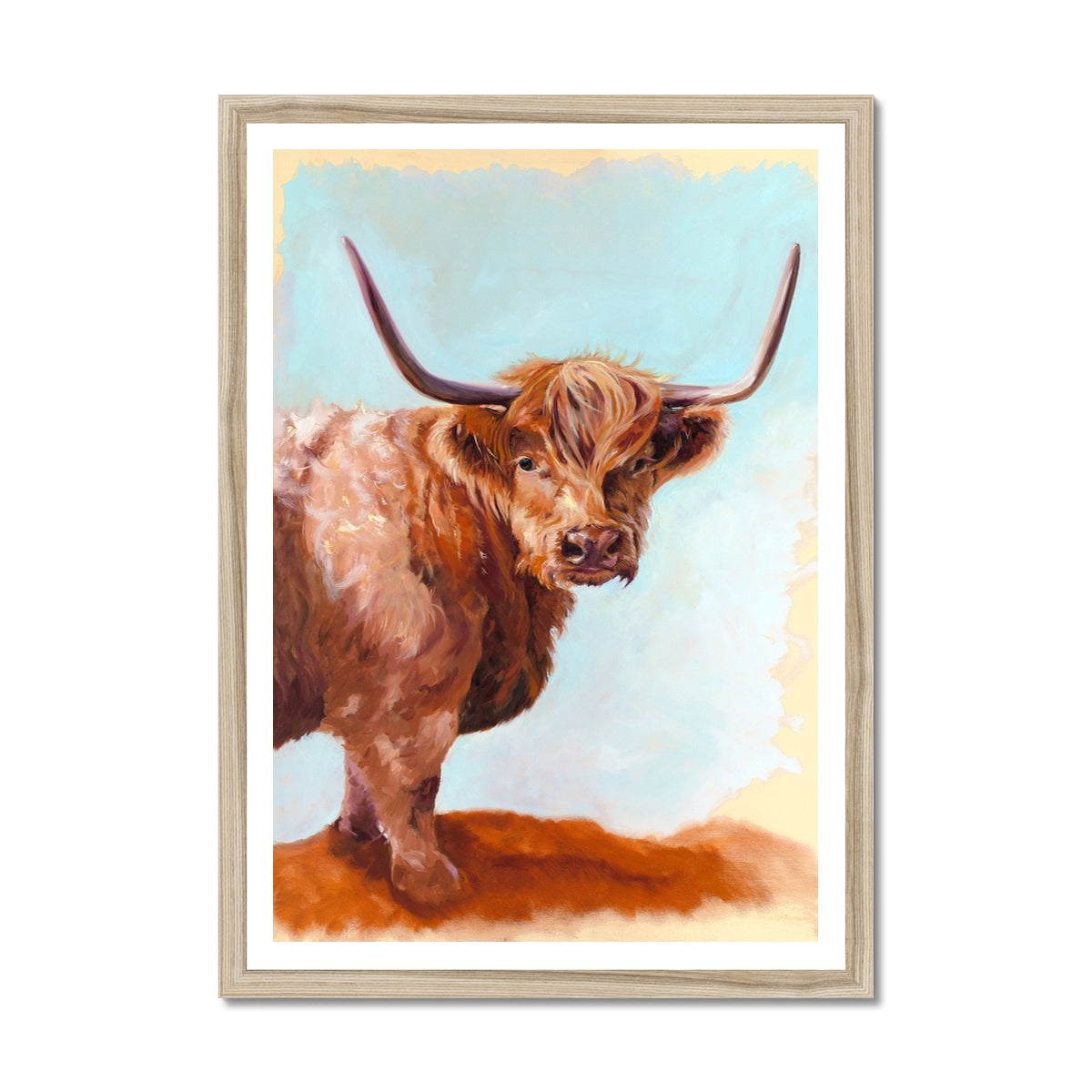 Framed highland cow print with a pale background
