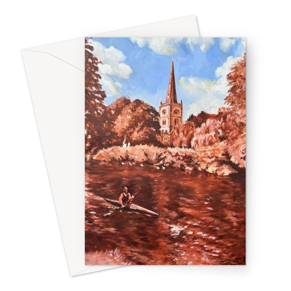 Greeting card based on an oil painting of a person in a canoe on a the River Avon in Stratford-Upon-Avon with Holy Trinity church in the background.