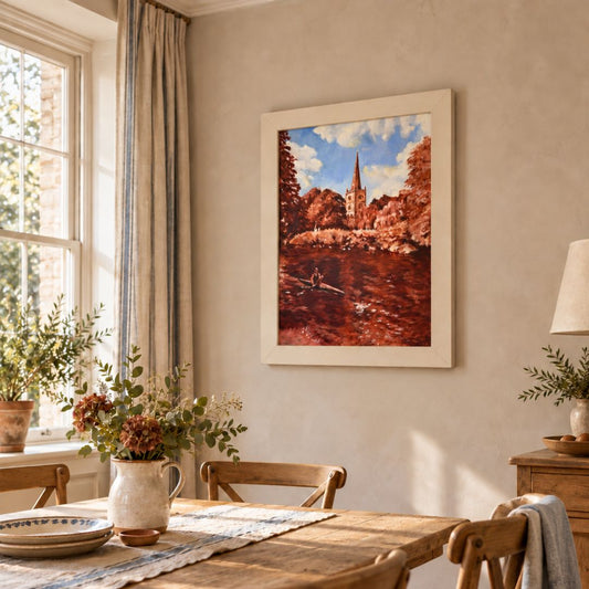 Cottage Dining Room with Framed Holy Trinity Church and River Avon restricted palette Landscape original oil painting by British artist Lorraine Field