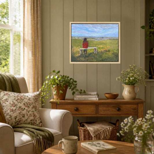 Original oil painting of a woman sitting on a bench overlooking the countryside in a country cottage room by British artist Lorraine Field.