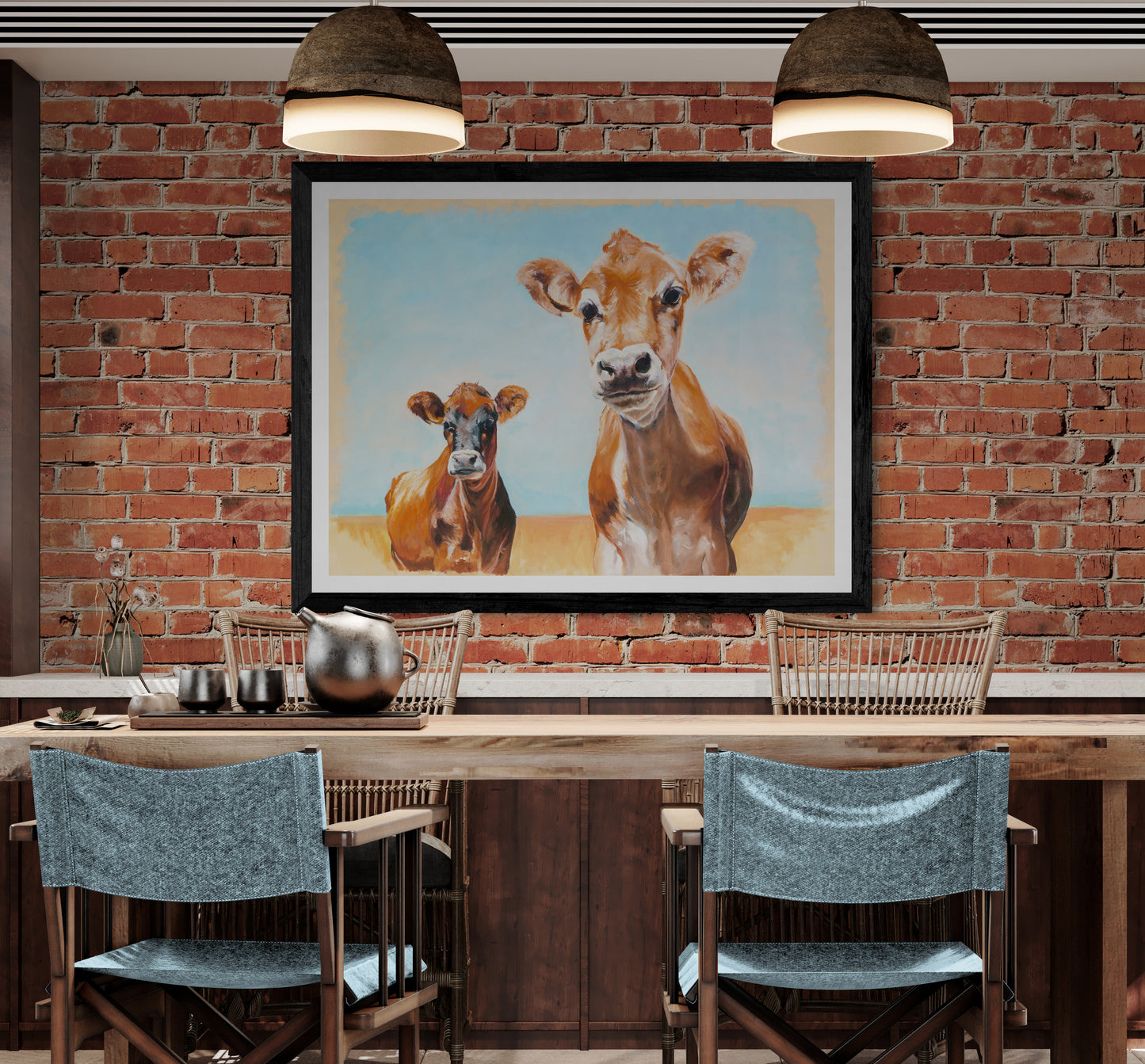 Jersey Cows art print in black frame displayed on brick wall in modern country kitchen