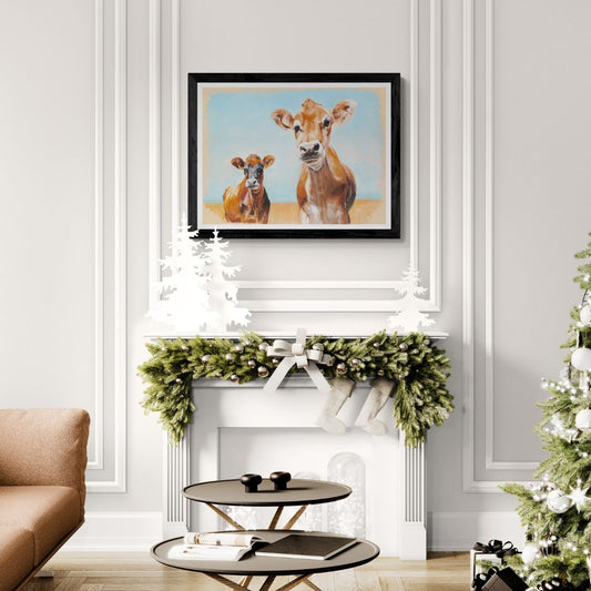Jersey cow art print in black frame option in Christmas room