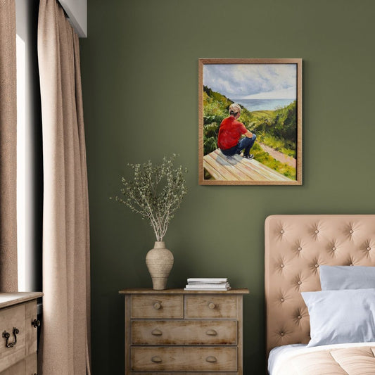 Just Taking It In oil painting by Lorraine Field displayed above a cosy bed and chest of drawers near to a window