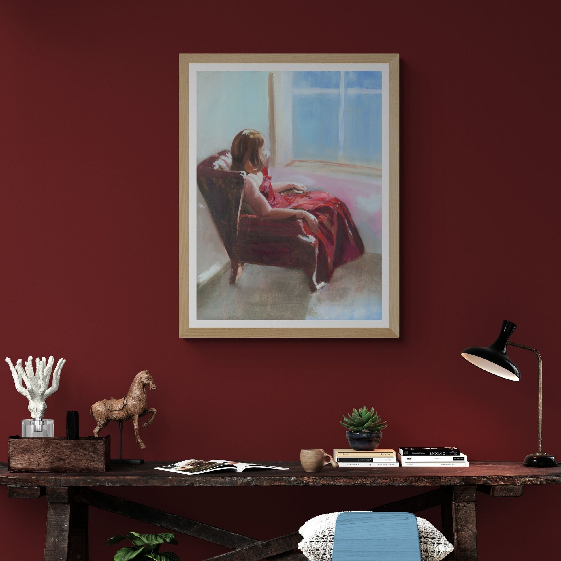 Lady with long red ball gown fine art print in natural frame by Lorraine Field art