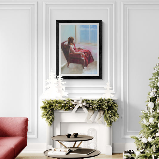 Lady in red artwork in black frame option displayed in Christmas setting