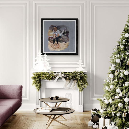 Framed art print for living room with a Christmas tree and sofa.