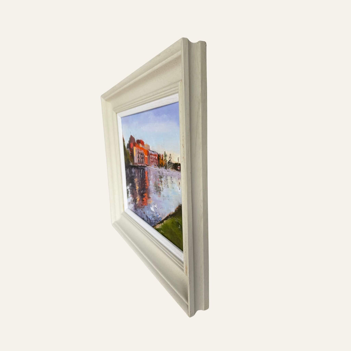 Angled view of Autumn Colours at the RSC, showing the depth and moulding of the pale painted frame.