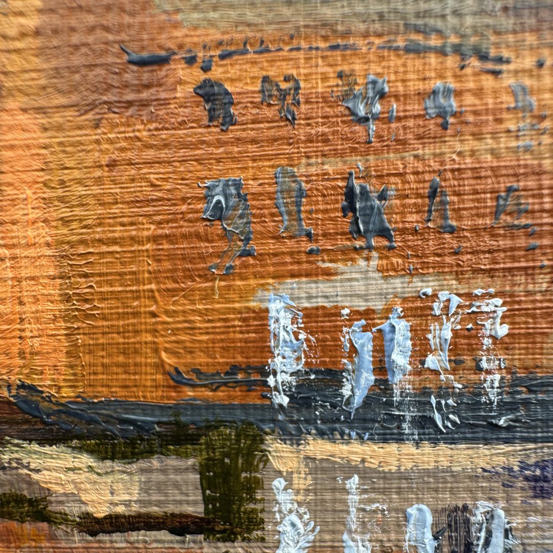 Detailed section of an oil painting showing thick palette knife textures on building walls, with soft grey, white and warm earth tones capturing light and shadow.