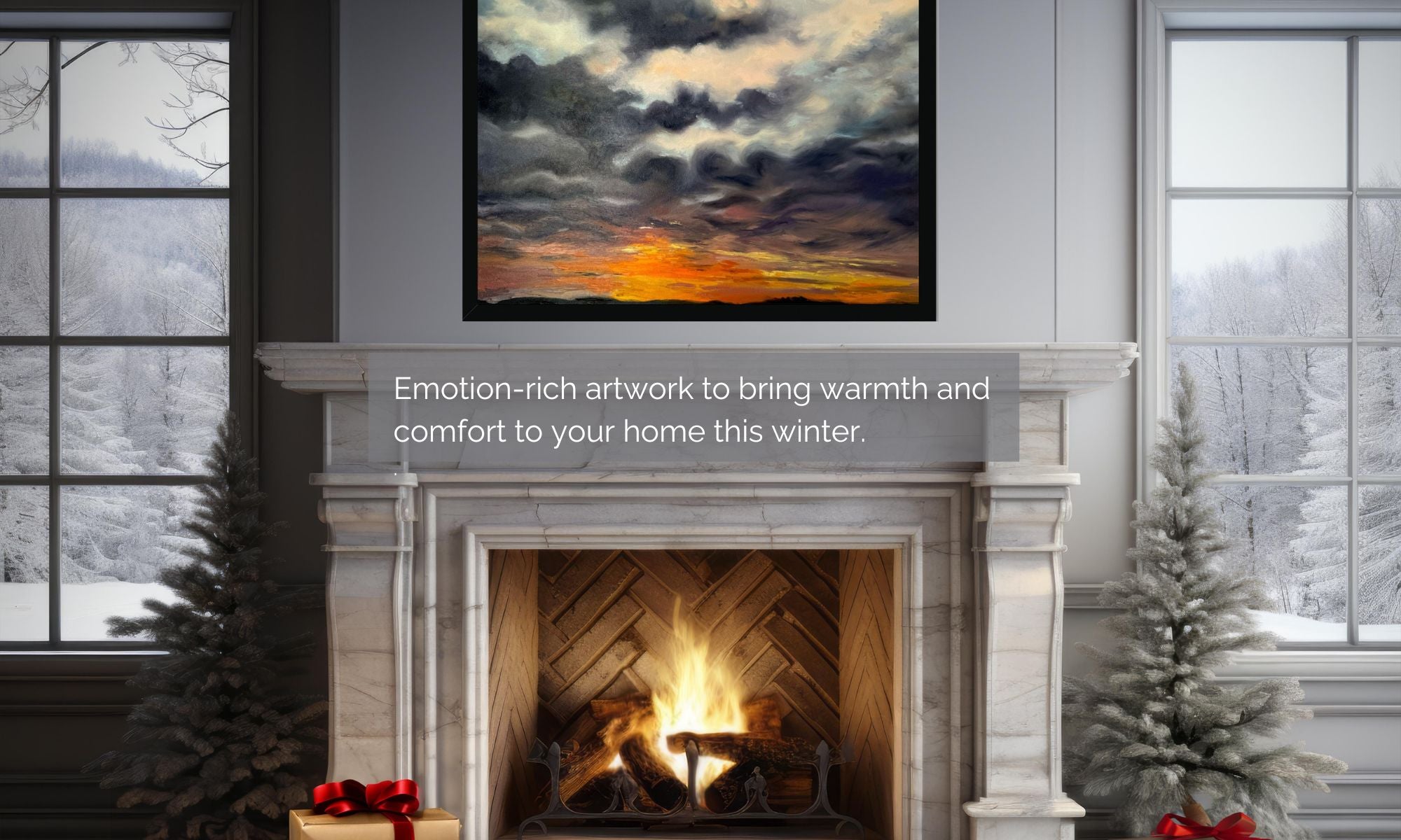 Fireplace with a dramatic seascape painting by Lorraine Field Art above it, surrounded by Christmas decorations and wintry scene.