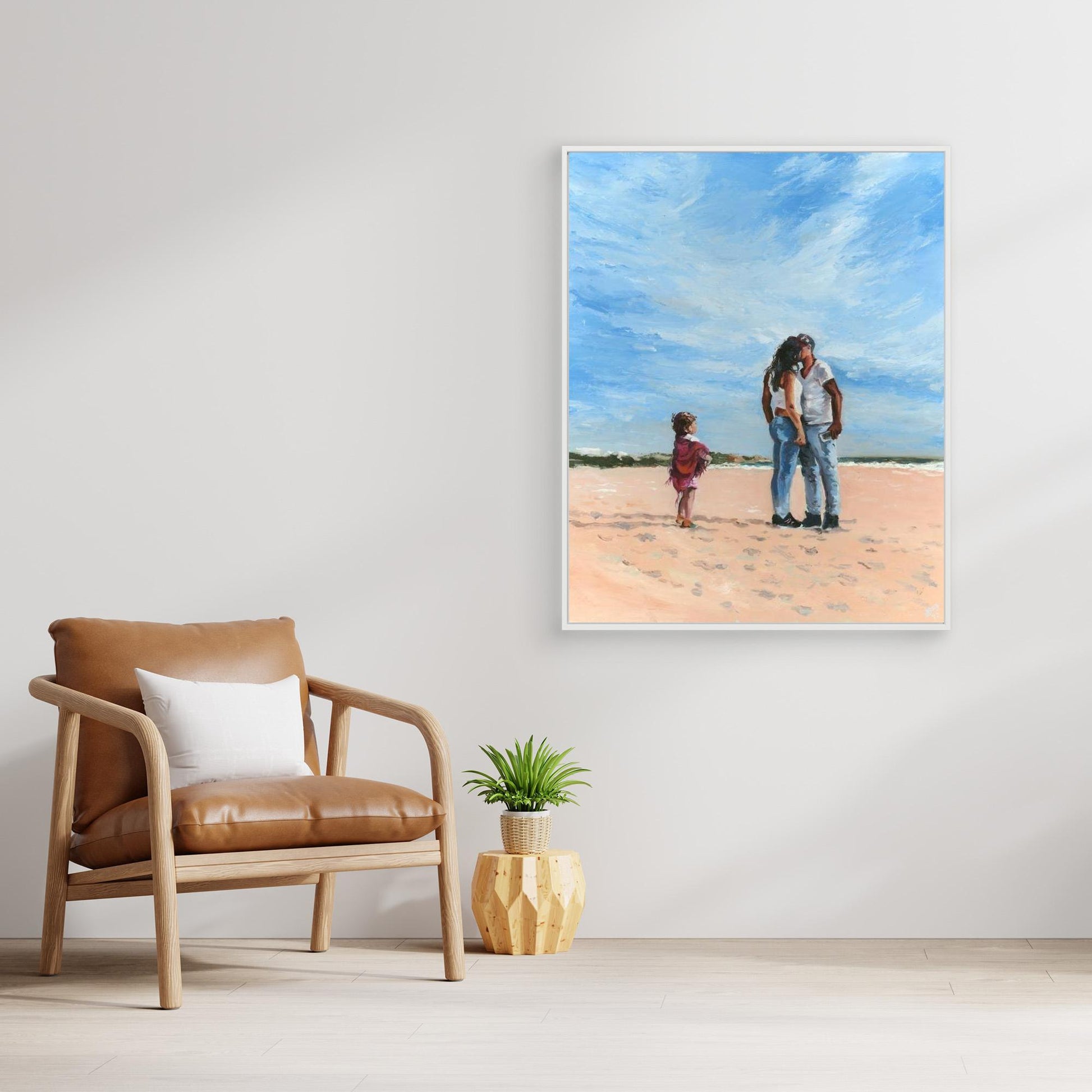 Large romantic coastal canvas wall art displayed in a calm neutral interior. Emotional beach scene artwork inspired by love, memory, and human connection.