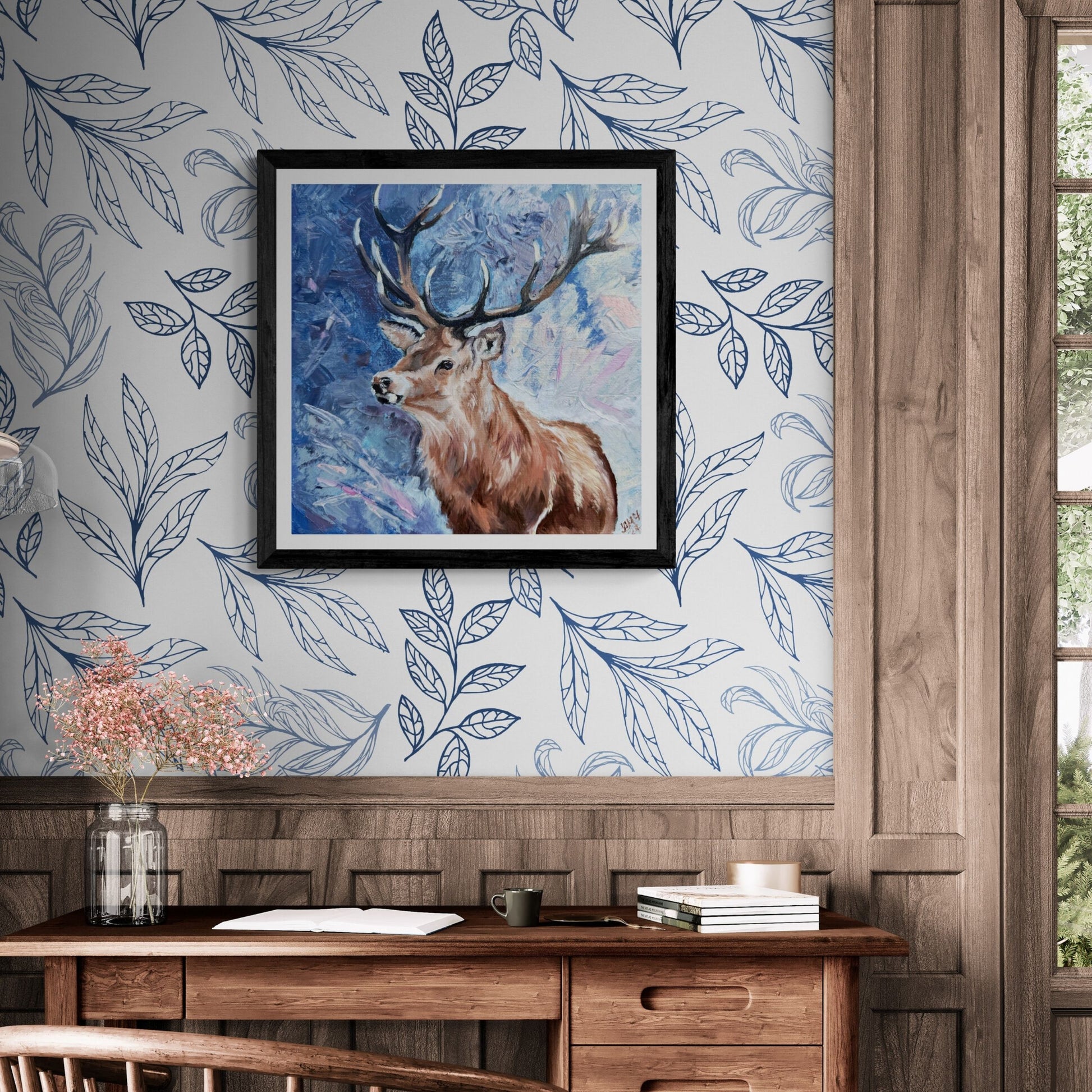 A proud stag fine art print on blue semi-abstract background with pink highlights