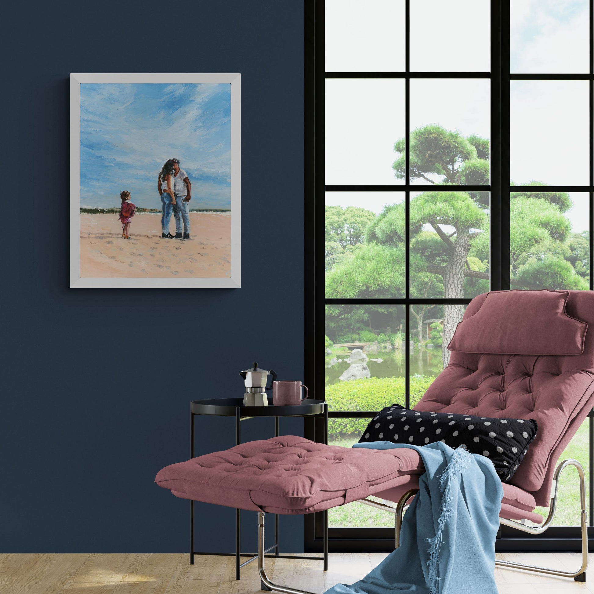 Original contemporary story telling painting 'Mama' showing a couple kissing on a beach with a child in a cerise shawl.
