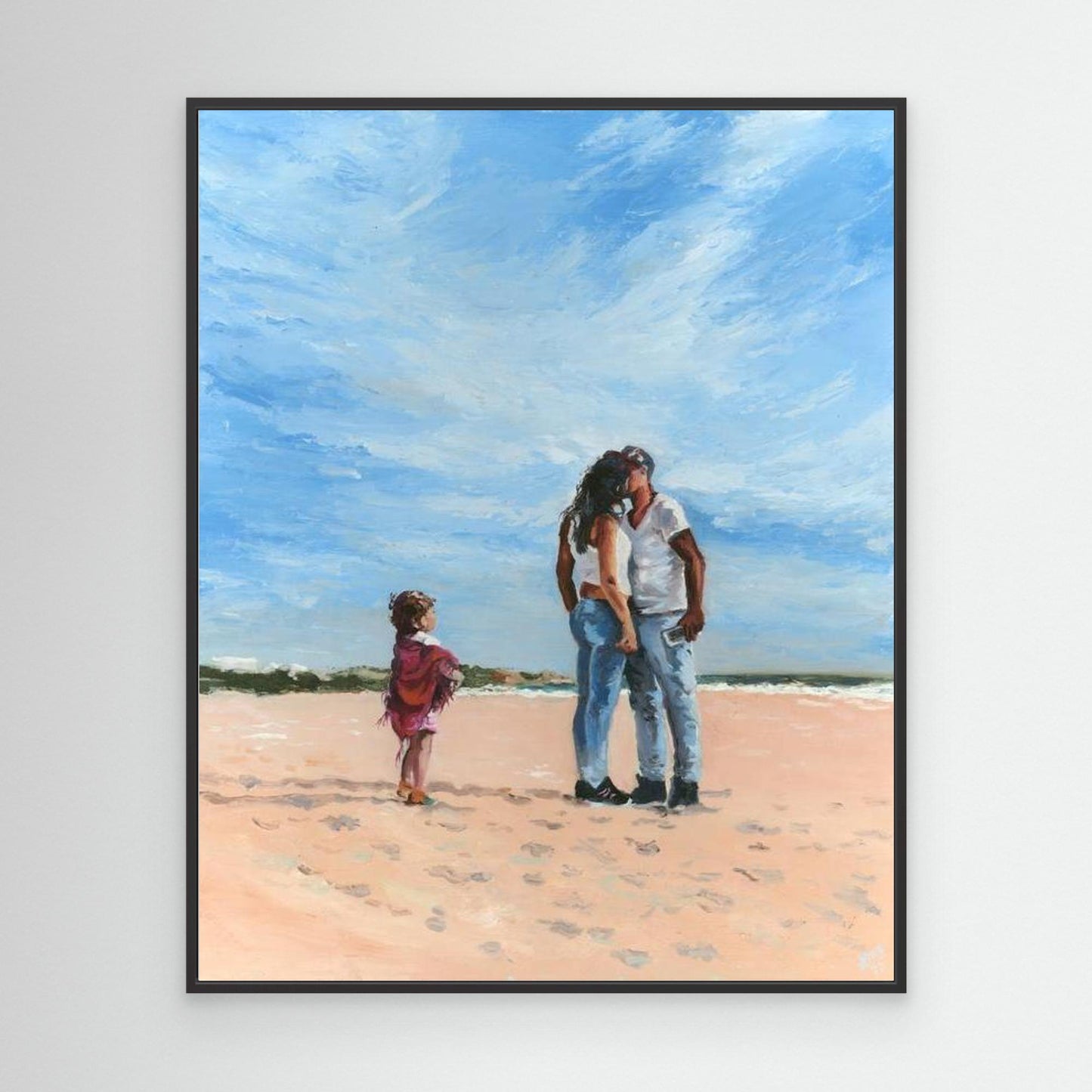 Black framed romantic coastal canvas print featuring an emotional beach embrace scene with atmospheric storytelling.
