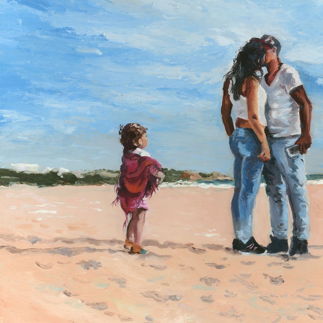 Painting of a family on a beach with a blue sky.
