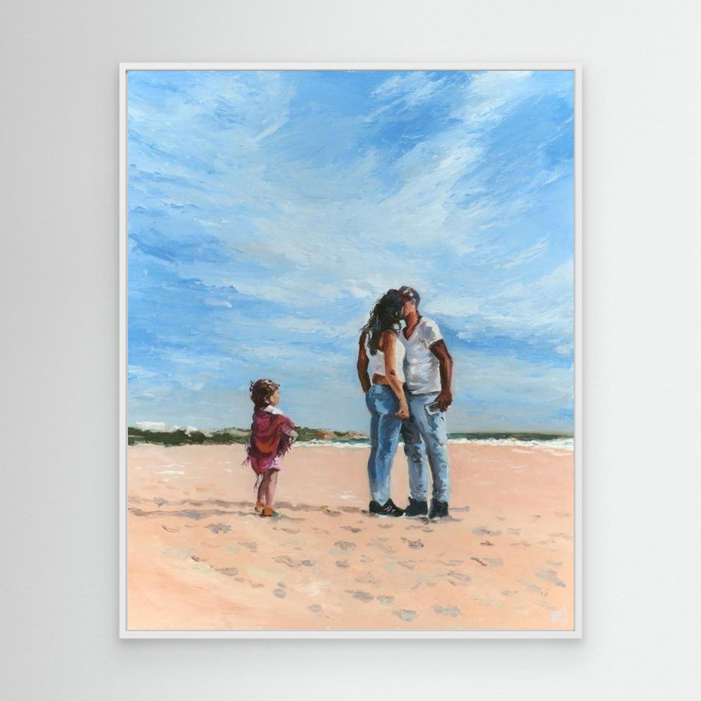White framed beach canvas wall art showing a romantic coastal moment with soft pastel tones and emotional depth.