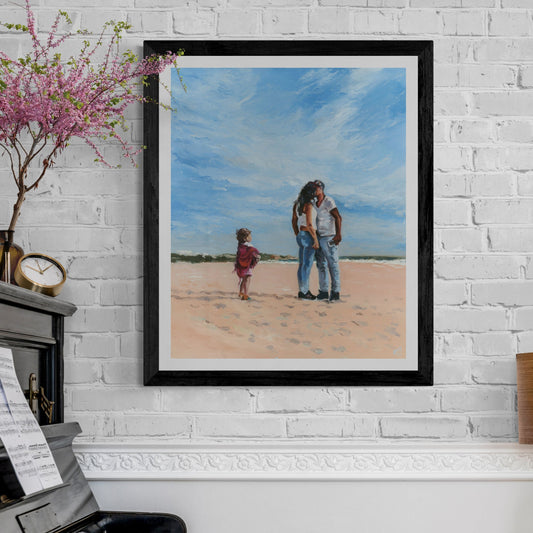 'Mama' art print in a black frame displayed above a black piano, showing a couple kissing with a child watching