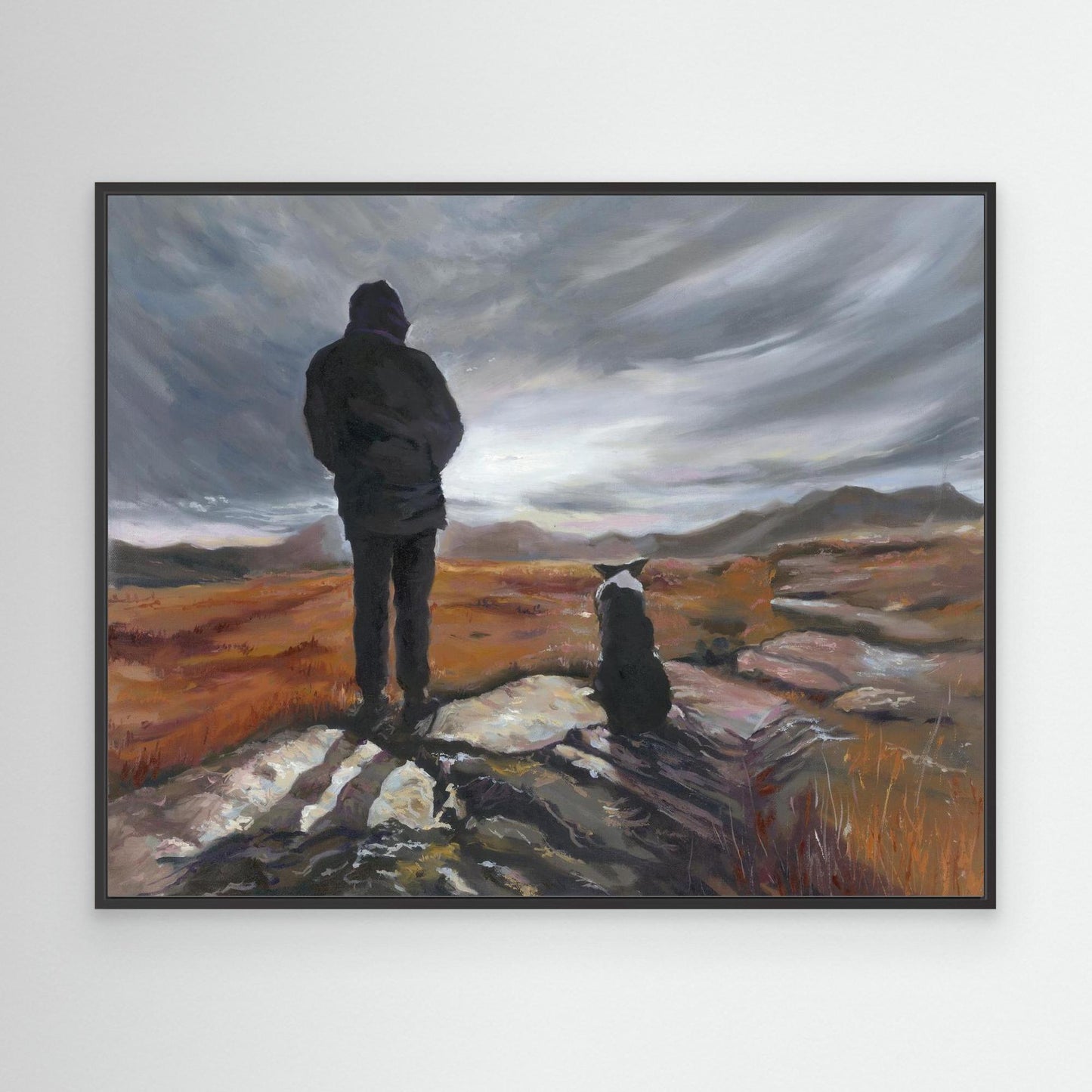 Moving art print of a Border Collie and it's owner looking out across distant mountains.