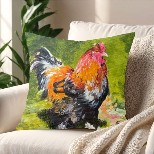 Norman the Cockerel cushion styled on neutral sofa – colourful home décor accent for cosy interiors