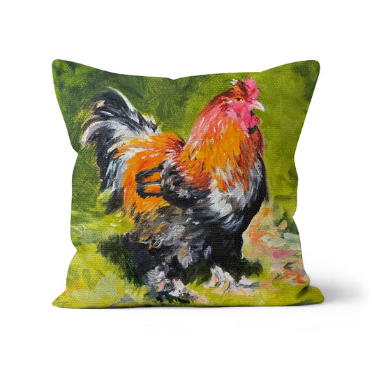 Front view of Norman the Cockerel cushion by Lorraine Field Art – vibrant oil painting design on homeware