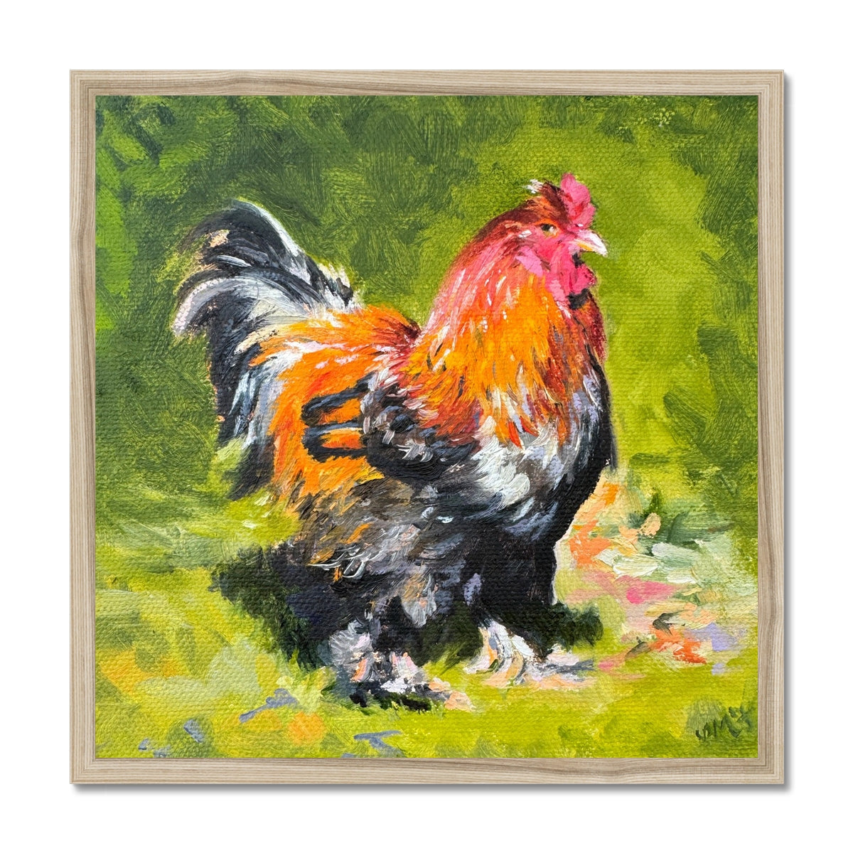 Norman the cockerel Fine art print for bathroom in natural wooden frame