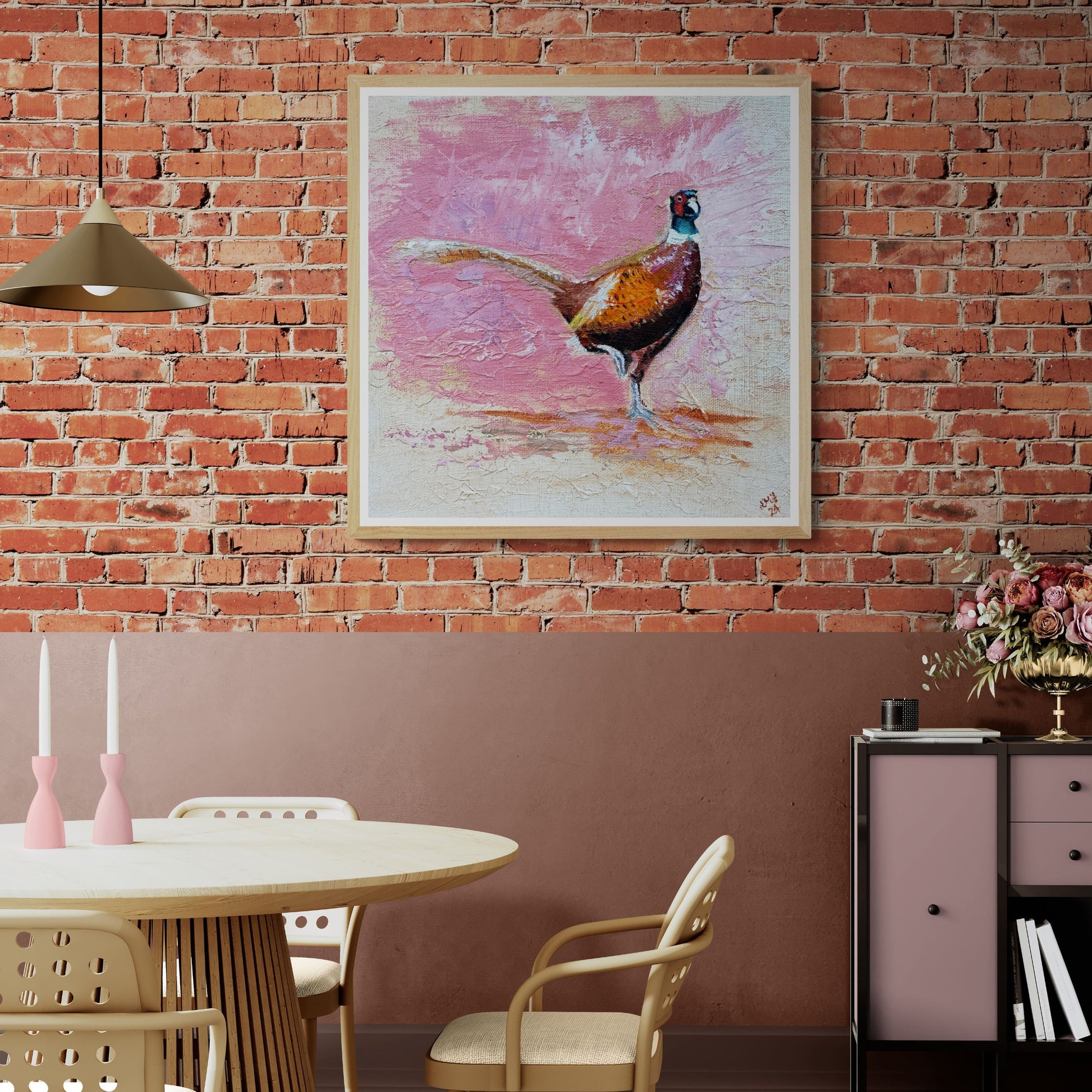 Playful Pheasant print in natural frame option styled in a cozy dining room, adding a splash of humour and personality to everyday moments