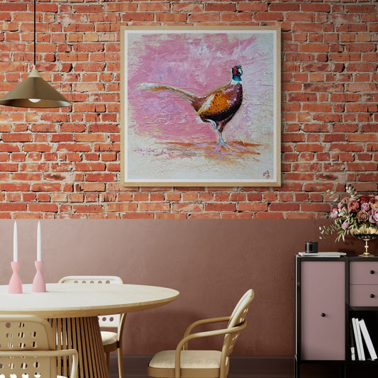 Playful Pheasant print in natural frame option styled in a cozy dining room, adding a splash of humour and personality to everyday moments