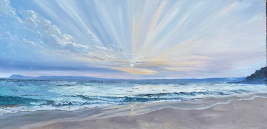 One-of-a-kind coastal oil painting capturing a serene summer morning on Porthminster Beach, perfect for creating a peaceful home