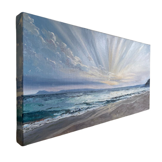 Original canvas artwork of Cornish sunrise with golden light and tranquil ocean, ideal for sentimental collectors - side view
