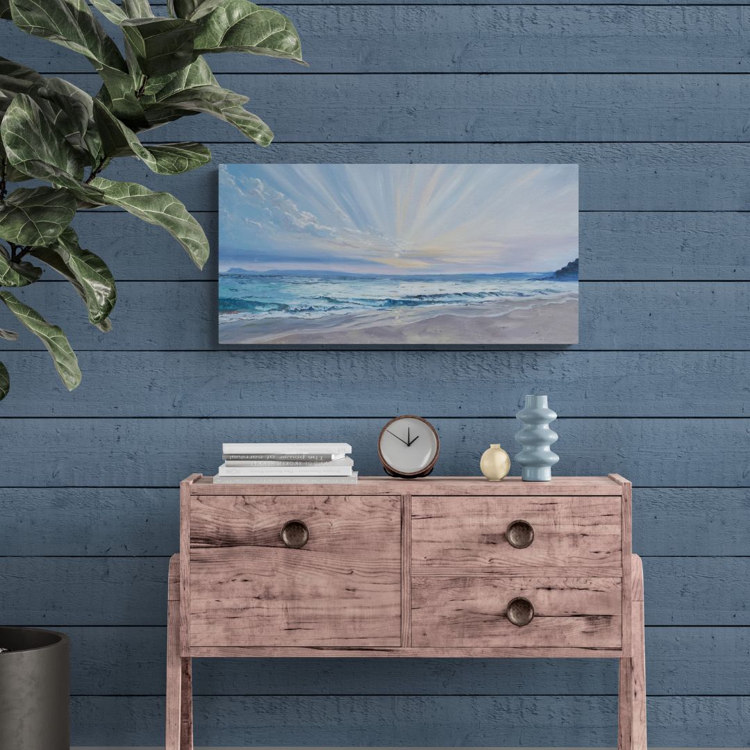 Original oil painting of a sunrise over Porthminster Beach in Cornwall, featuring soft golden tones and a calm blue sea on canvas