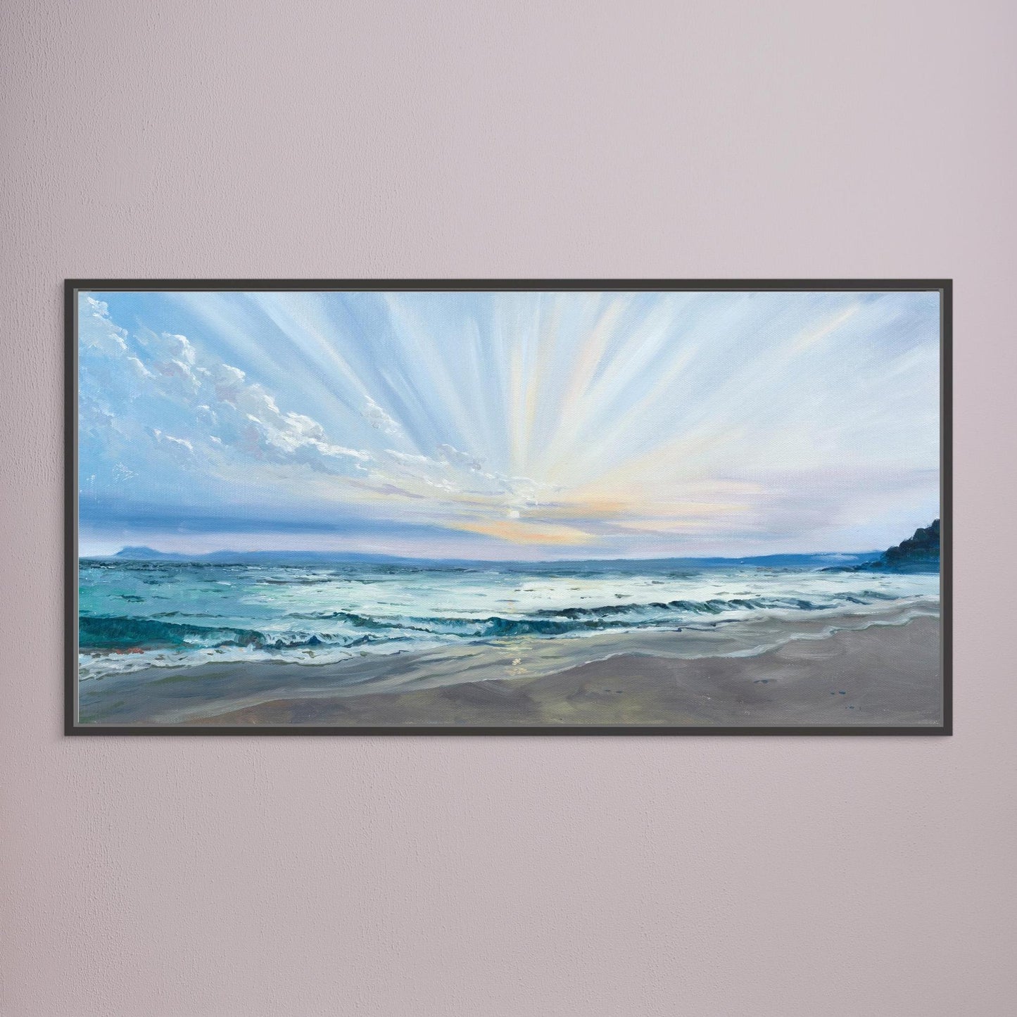 Black framed panoramic coastal canvas print showing sunrise over the sea at Porthminster Beach, Cornwall.