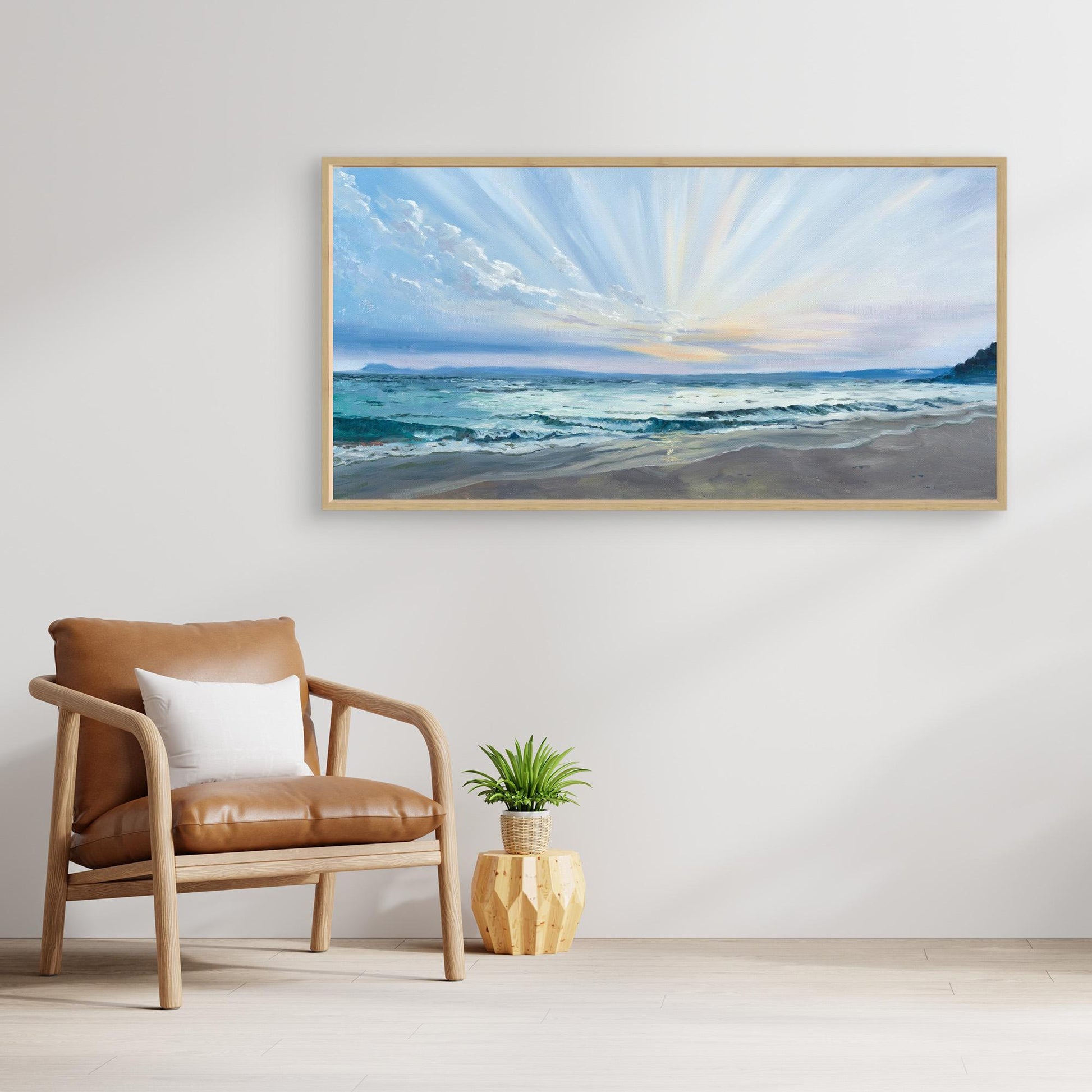 Panoramic coastal canvas wall art featuring sunrise over Porthminster Beach in Cornwall. Framed beach artwork for calm modern interiors.