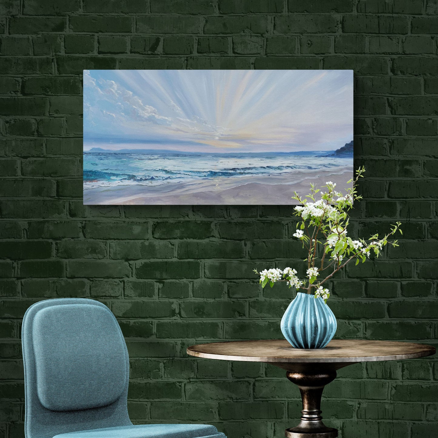 Original oil painting of a sunrise over Porthminster Beach in Cornwall, featuring soft golden tones and a calm blue sea on canvas