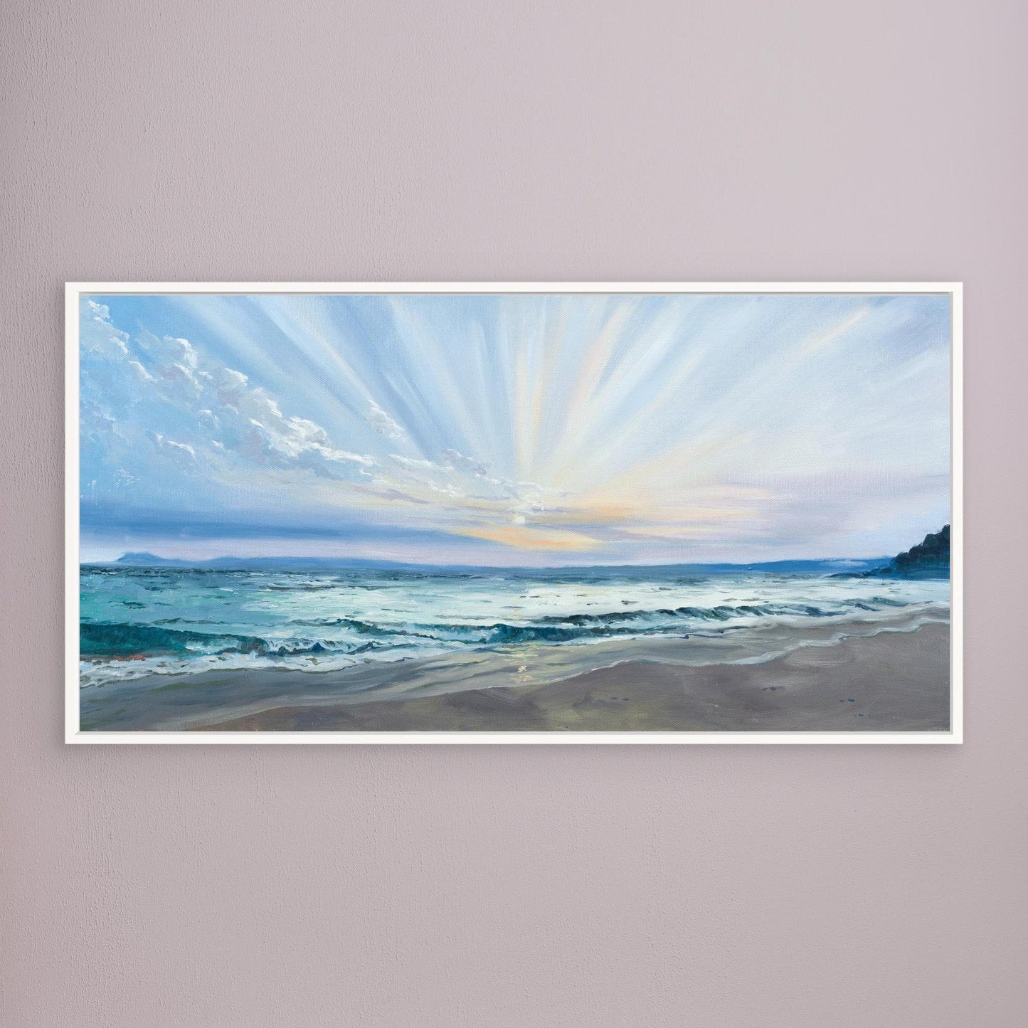 White framed Cornwall coastal canvas wall art featuring soft sunrise light over Porthminster Beach.