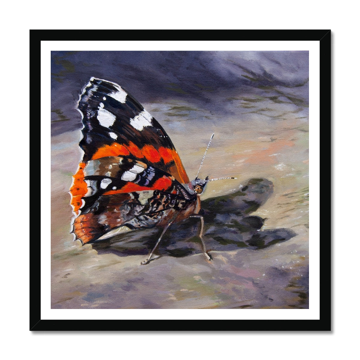 Painting of a Red Admiral butterfly on a textured surface with a black frame.