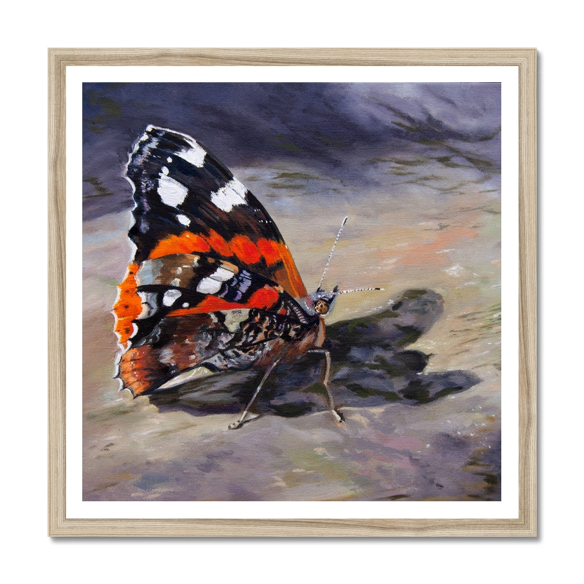 Framed painting of a butterfly on a textured surface