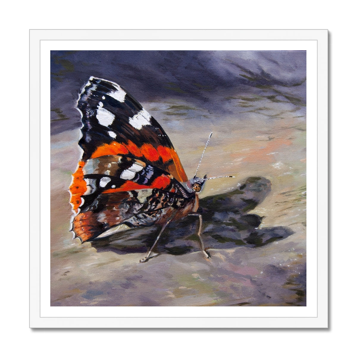 Painting of a butterfly with orange, black, and white wings on a textured background.