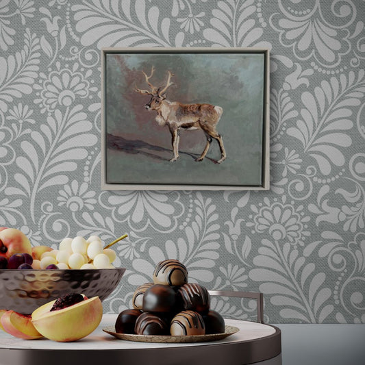 Oil painting of a majestic reindeer, elegantly framed in a white wooden frame, perfect for nature and wildlife art enthusiasts.