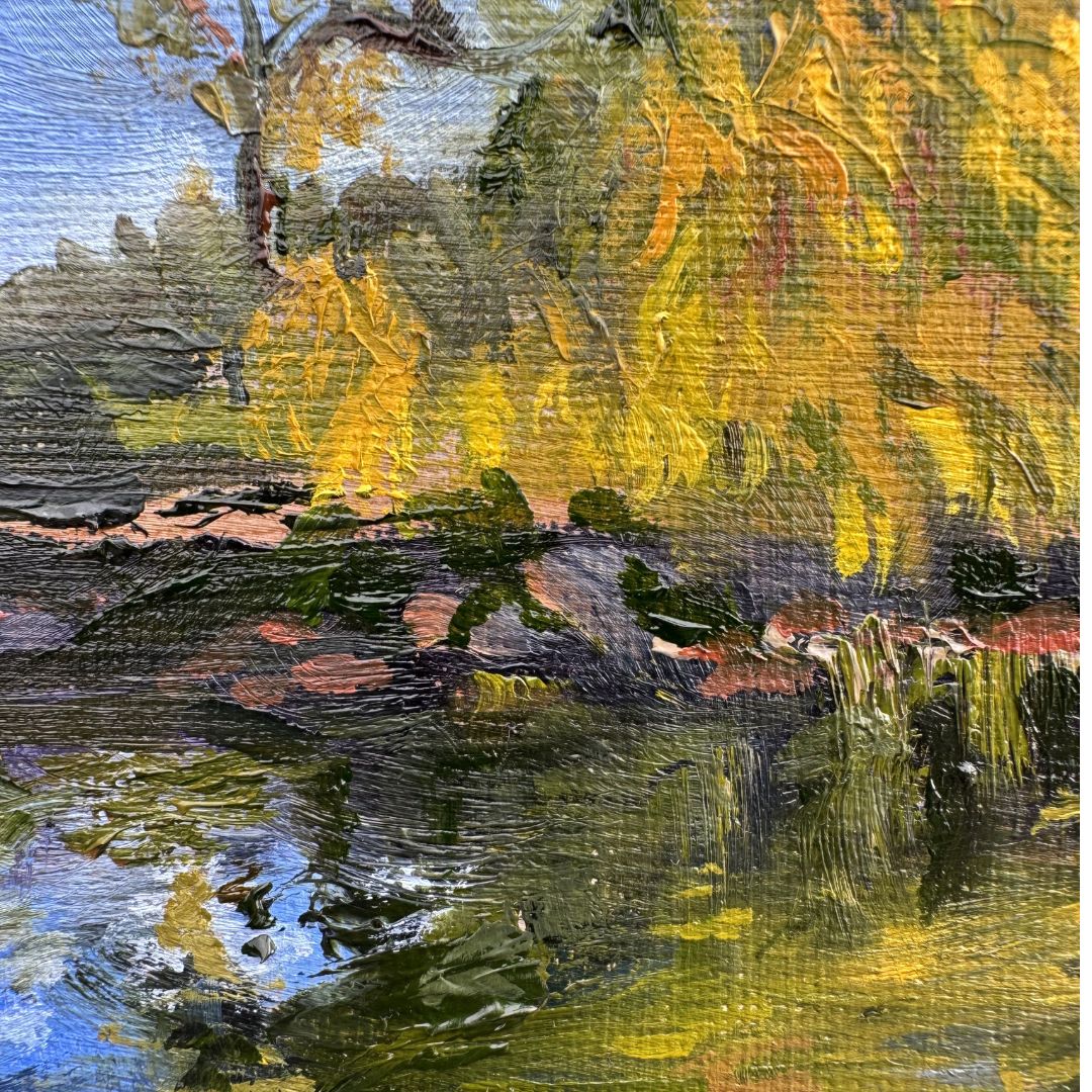 Close-up of foliage and riverbank in an impressionist oil painting, with rich green and yellow tones, textured brushwork and reflections in the water.