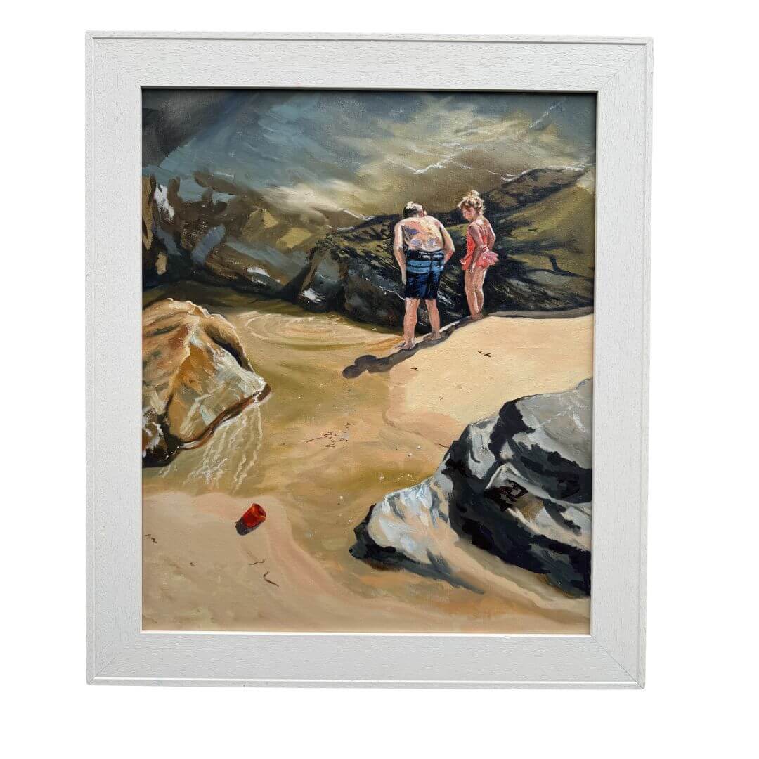 Rockpool Explorers original oil painting by Lorraine Field, professionally framed in white wood and inspired by St Agnes, Cornwall.