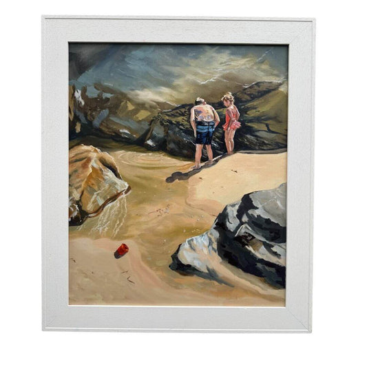 Rockpool Explorers original oil painting by Lorraine Field, professionally framed in white wood and inspired by St Agnes, Cornwall.
