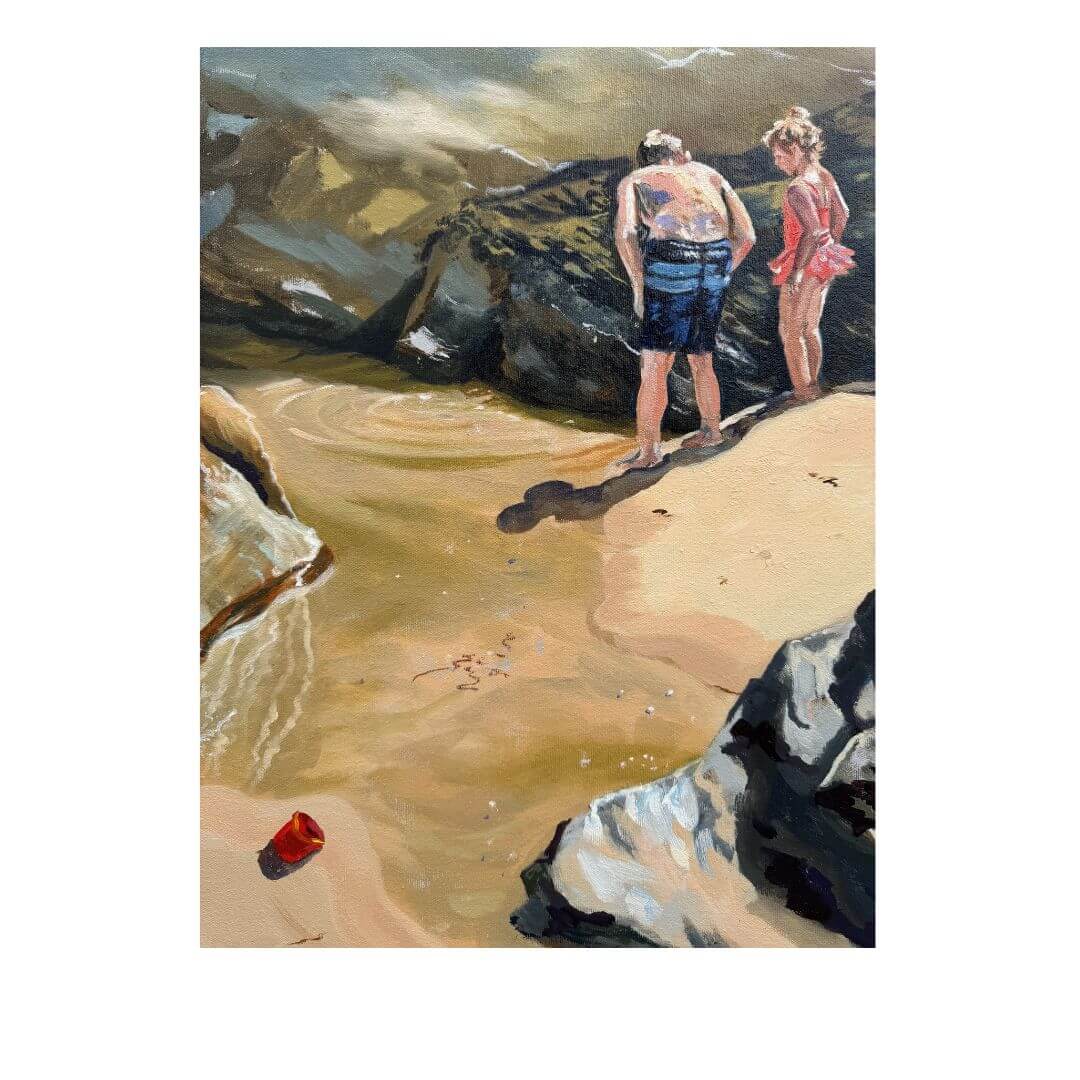 Close-up of two children exploring rockpools in an original coastal oil painting inspired by St Agnes beach in Cornwall.