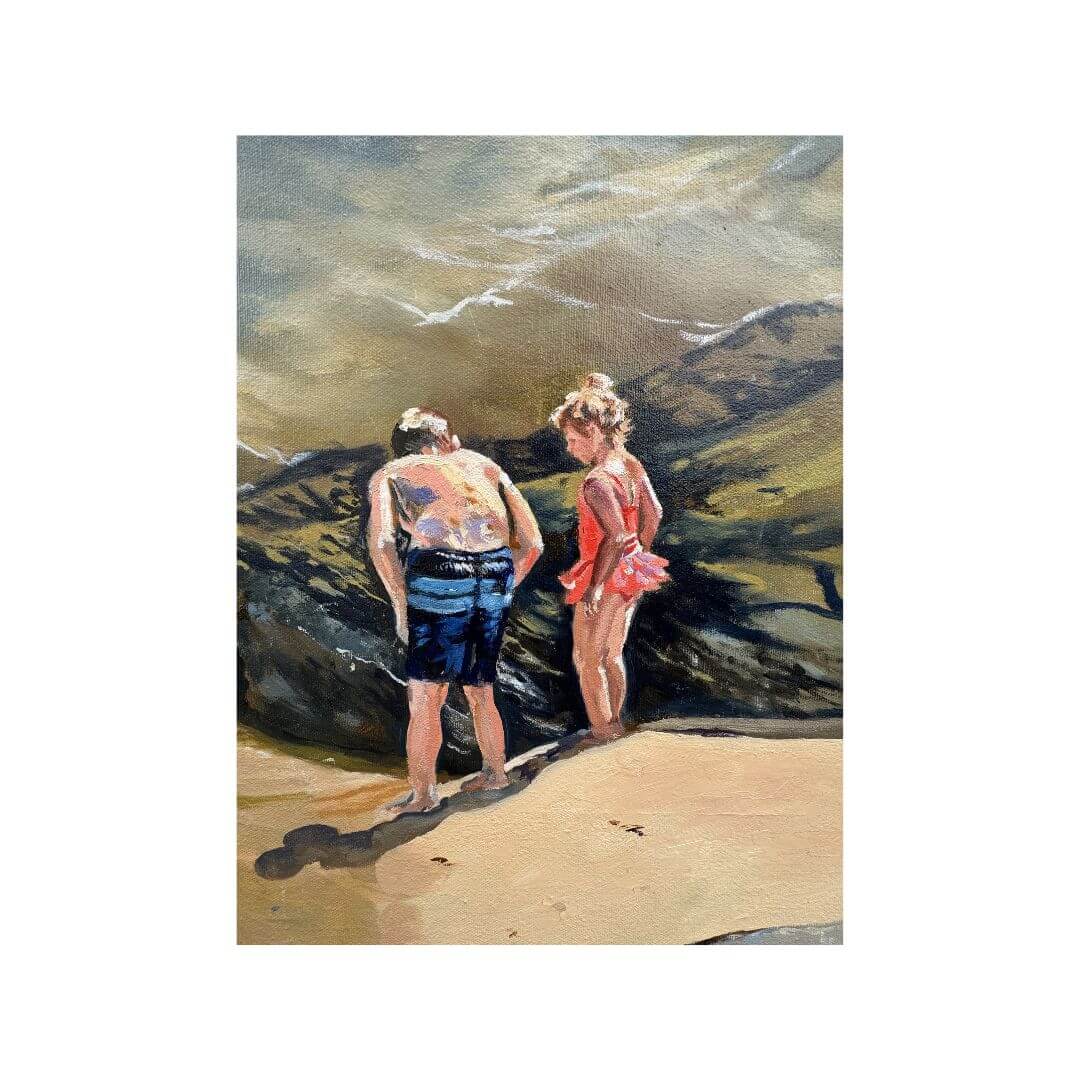 Close-up of two children exploring rockpools in an original coastal oil painting inspired by St Agnes beach in Cornwall.