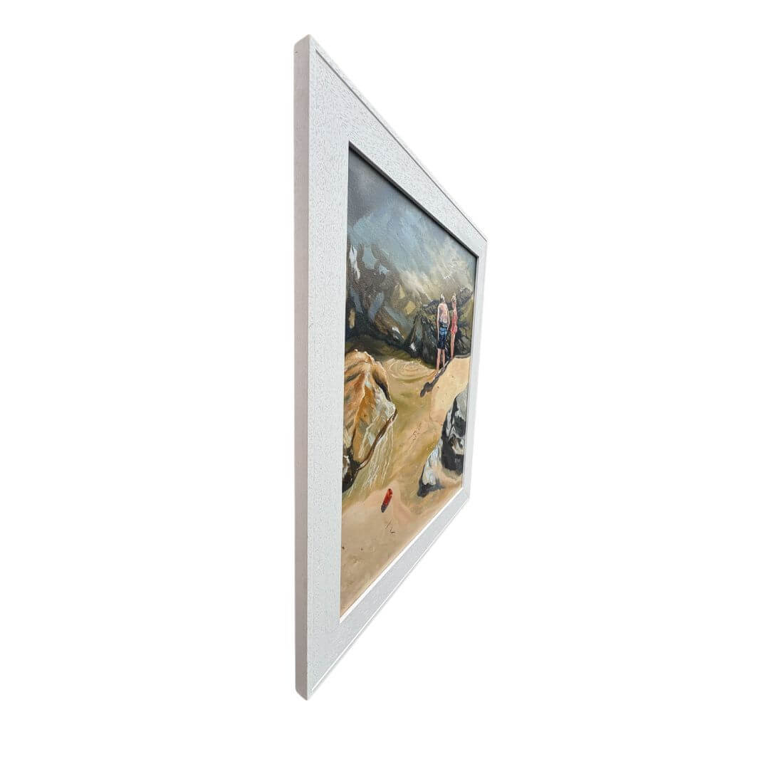 Side view of the Rockpool Explorers original oil painting in a professional white wooden frame, showing its depth and finish.