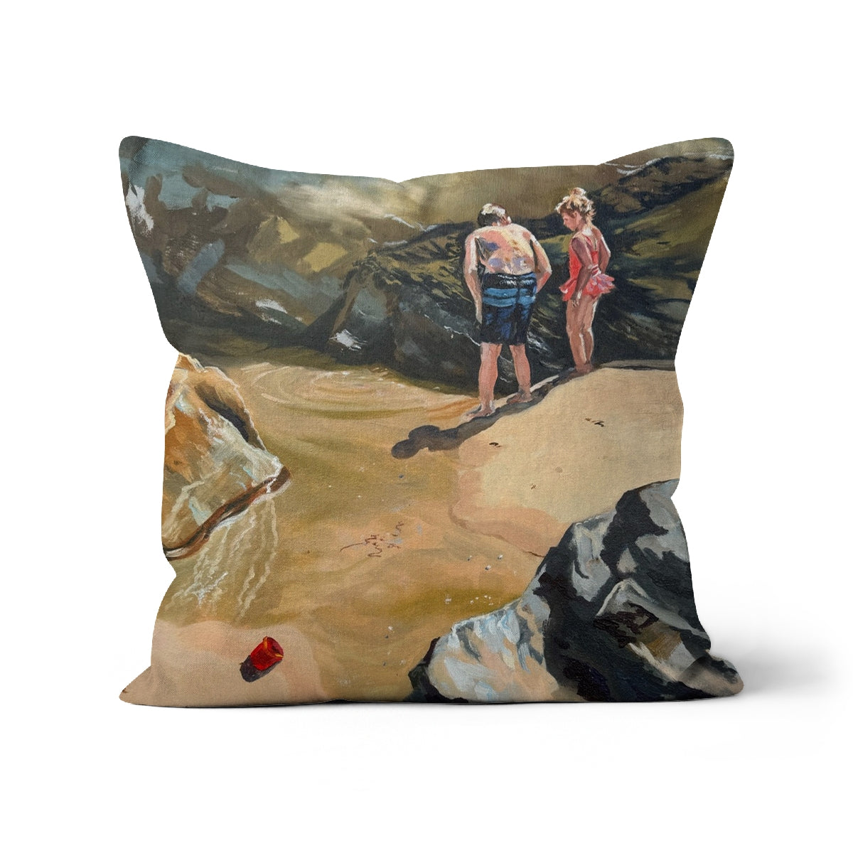 Decorative cushion with a painting of two young children on a beach in Cornwall